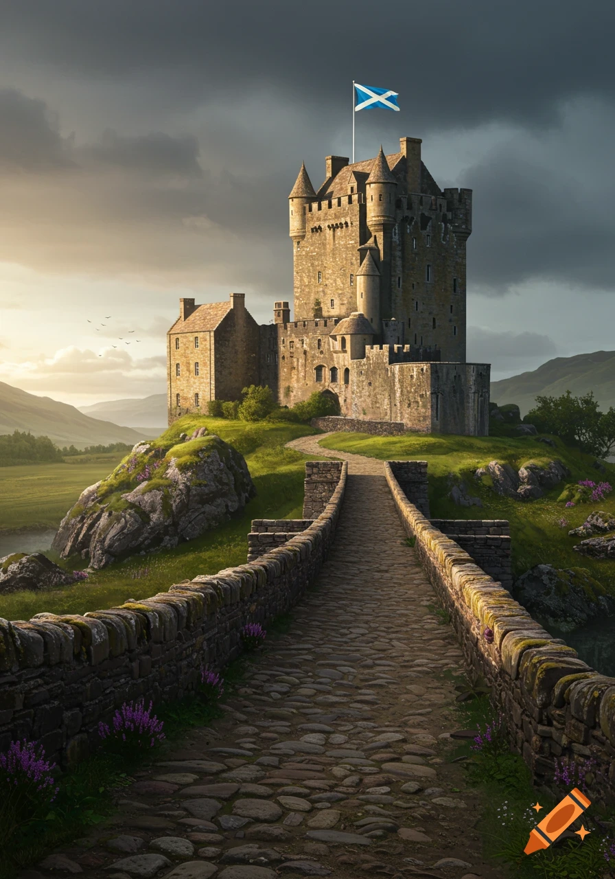 A majestic stone castle with a Scottish flag on its tower, atop a grassy hill. A cobblestone path and stone walls lead to the castle under a dramatic sky.