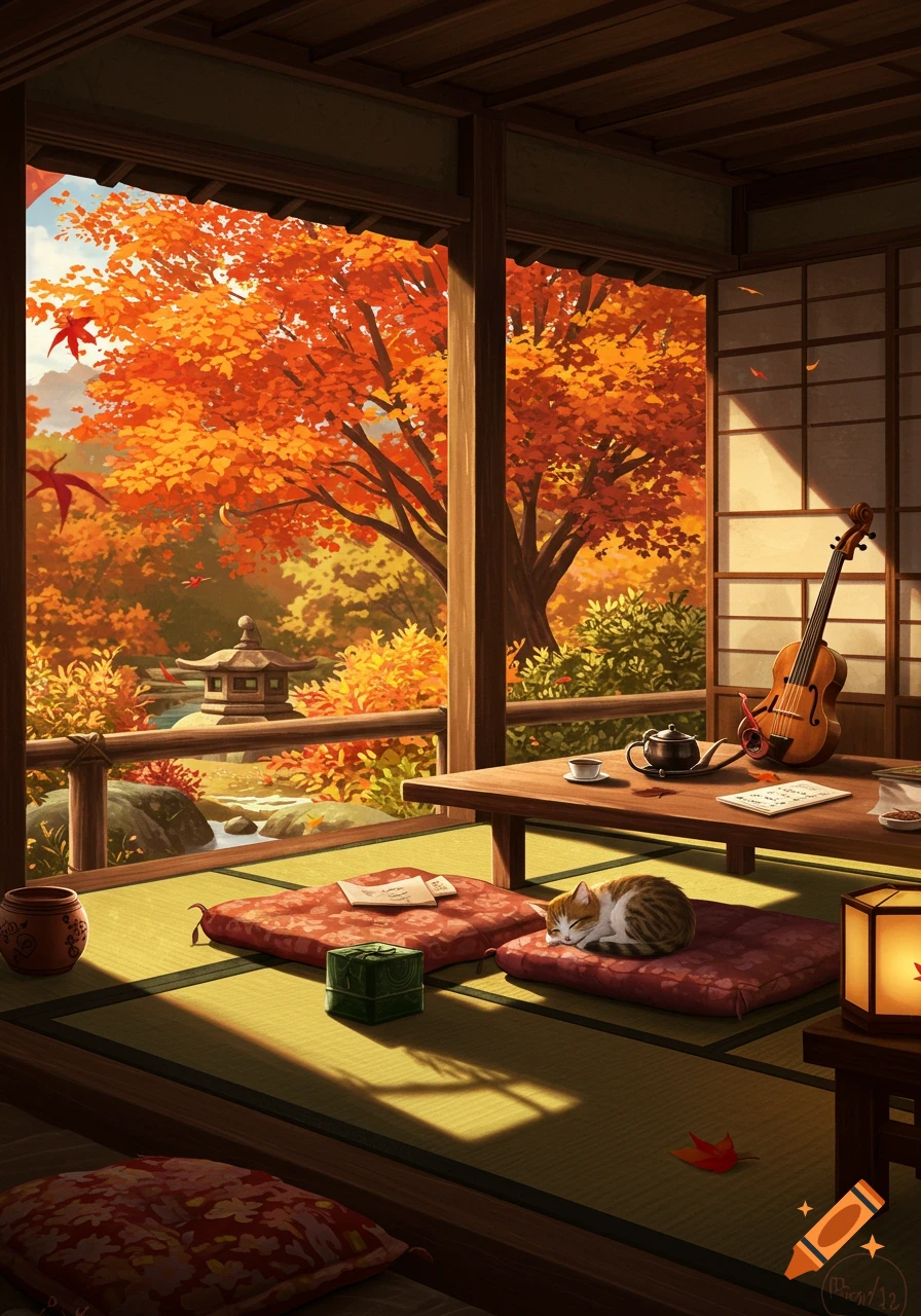 A cozy traditional Japanese room with a sleeping tabby cat, a violin, and a large window overlooking a vibrant autumn garden with a stream and maple trees.