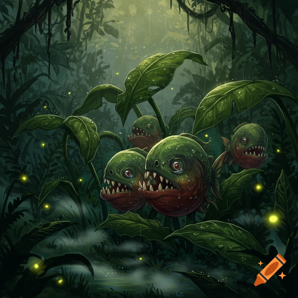 Stylized illustration of sad, sharp-toothed piranha plant creatures emerging from large leaves in a dark, rainy jungle with glowing fireflies.