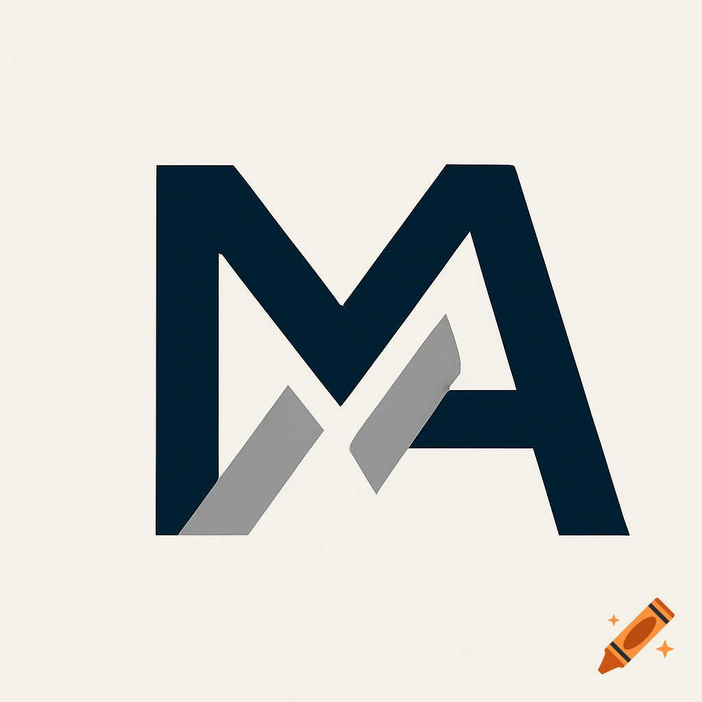 Minimalist logo design combining the letters M and A in dark blue and gray on a cream background.