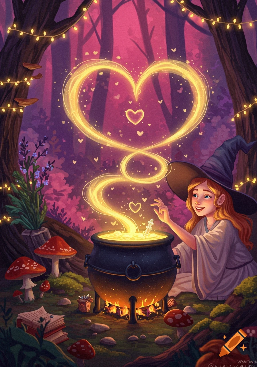 A smiling witch in a magical forest stirs a glowing cauldron, sending a golden heart-shaped stream of magic, surrounded by string lights and mushrooms. Illustration.