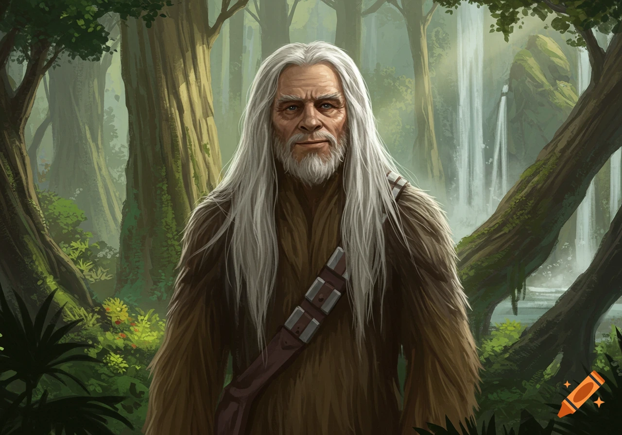 An old man with long white hair and a beard, wearing a brown furry suit and bandolier, stands in a lush jungle with waterfalls in a fantasy art style.
