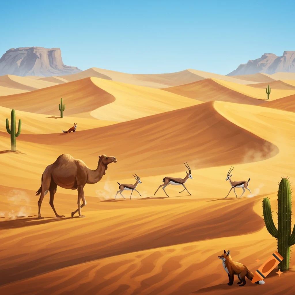 An illustrative desert scene with sand dunes, a camel, running gazelles, and foxes, with cacti under a blue sky.