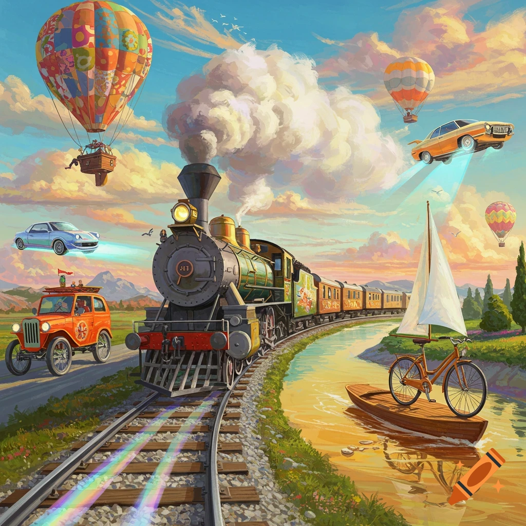 A whimsical illustration of various modes of transport including a train, hot air balloons, flying cars, and a bicycle on a boat, set in a vibrant, cloudy landscape.