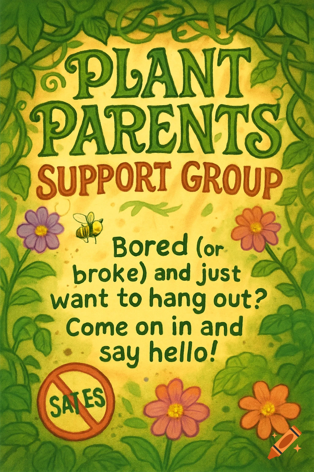 Illustrated flyer for 'Plant Parents Support Group' framed by green vines, featuring text, flowers, and a bee. A 'No sales' sticker is at the bottom.