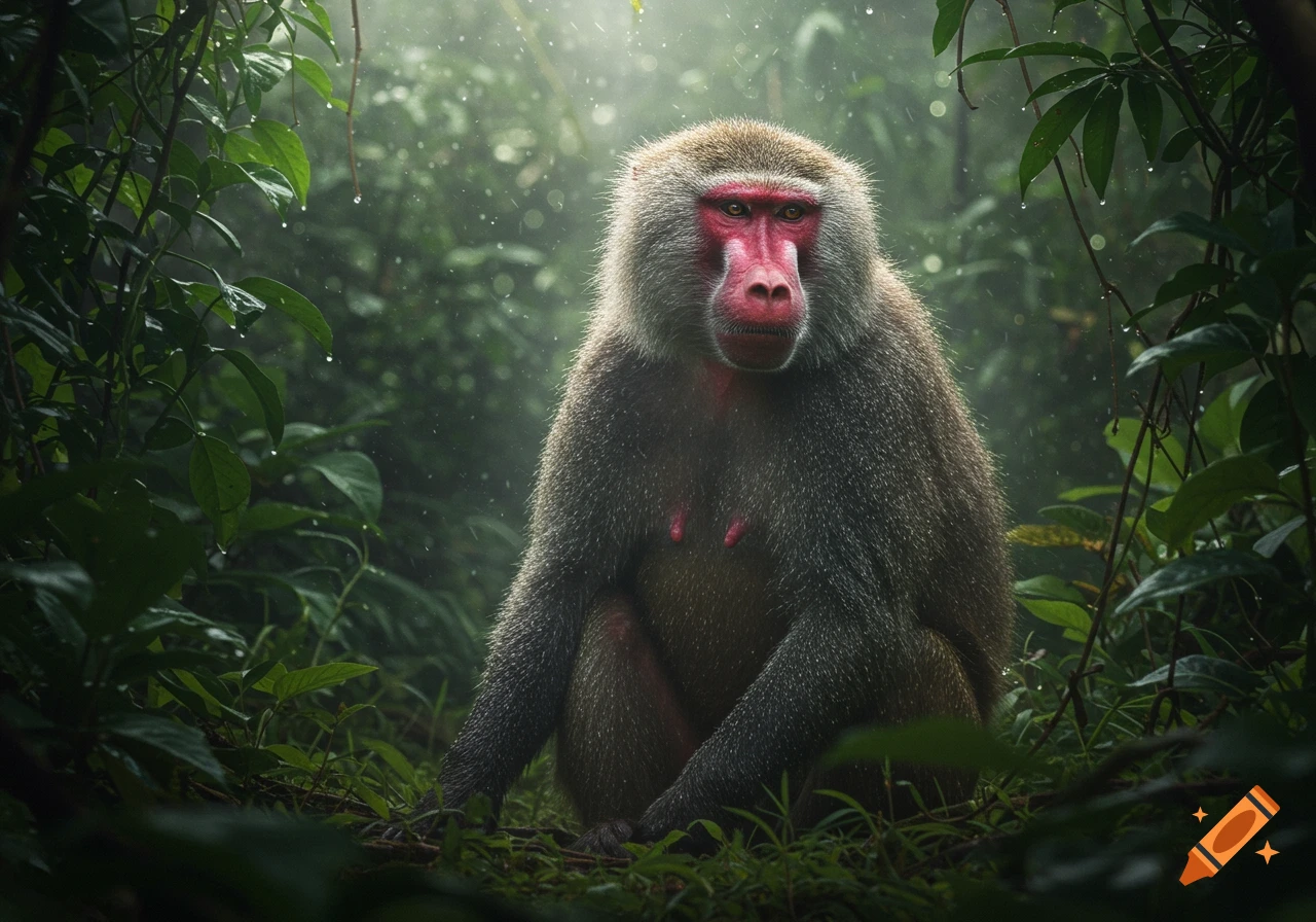 A damp baboon with a red face sits in a lush, dark jungle with sunlight filtering through, looking forward.