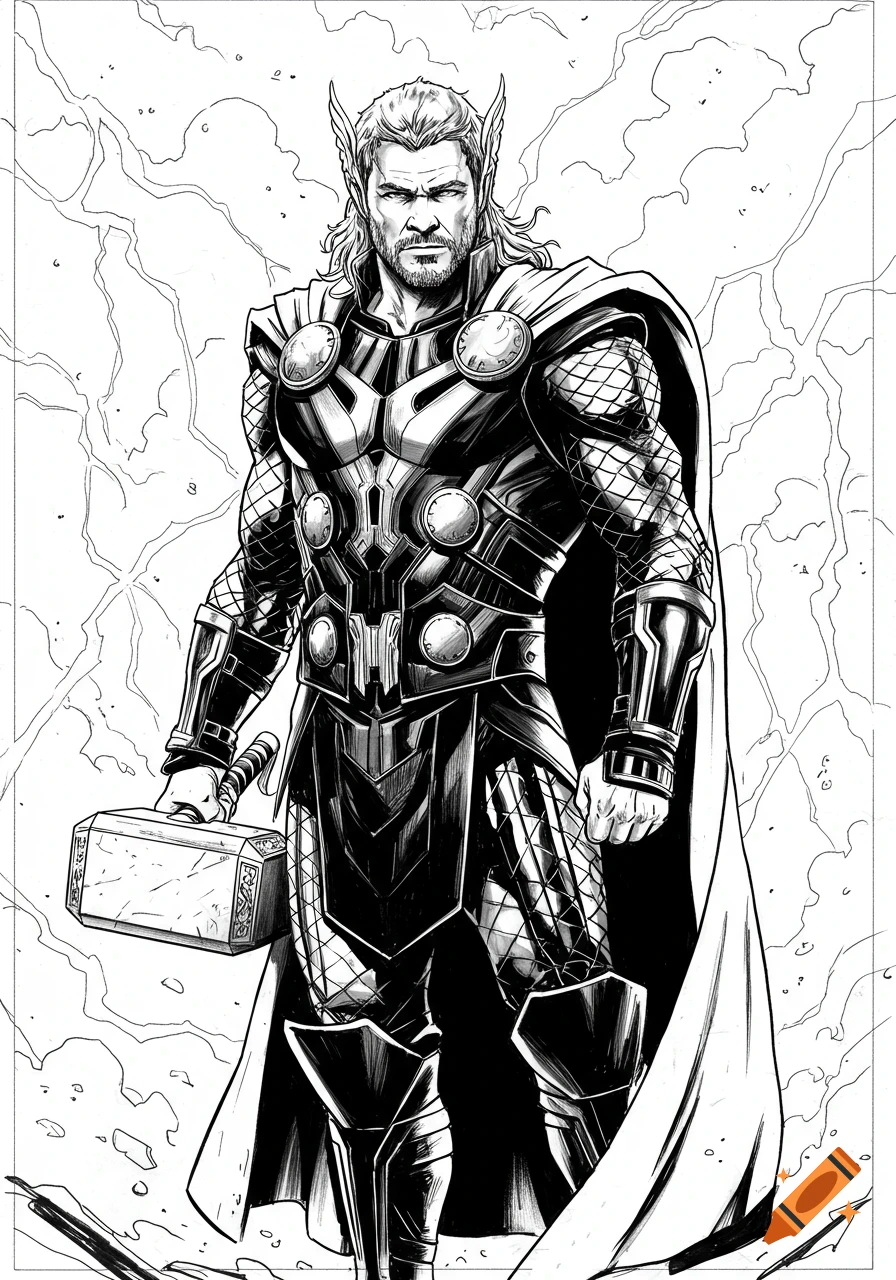 A black and white comic-style drawing of Thor in his armor, holding Mjolnir, with lightning lines in the background.