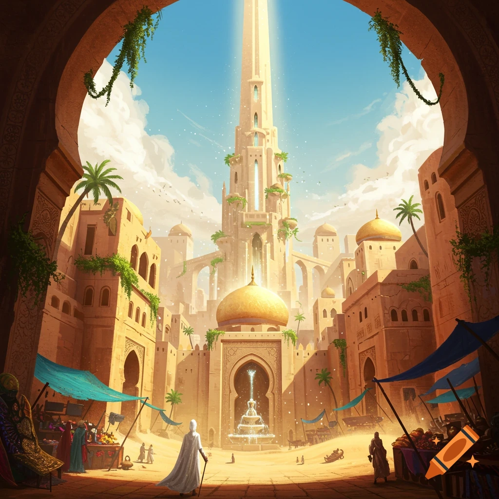 A magical fantasy desert city with a tall, glowing spire, arches, a marketplace, and people, under a bright, shadowless sky.