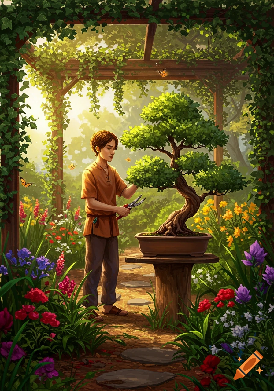 A person trims a bonsai tree in a vibrant, lush garden filled with colorful flowers and green vines under a sunny sky, in an illustrative style.