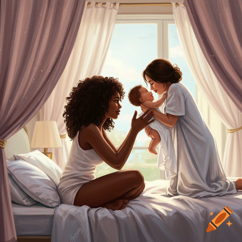 Digital painting of two women, one with curly dark hair and another with straight brown hair, tenderly interacting with a baby on a bed in a sunlit room.