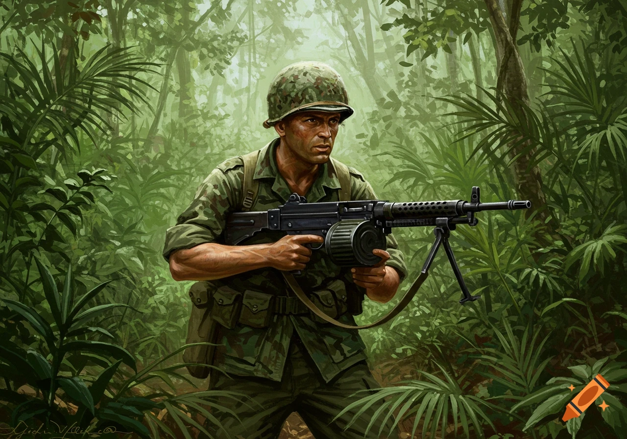 A Vietnam-era US Army soldier in camouflage uniform and helmet holds an M-60 machine gun, peering through dense jungle foliage in an illustrated style.