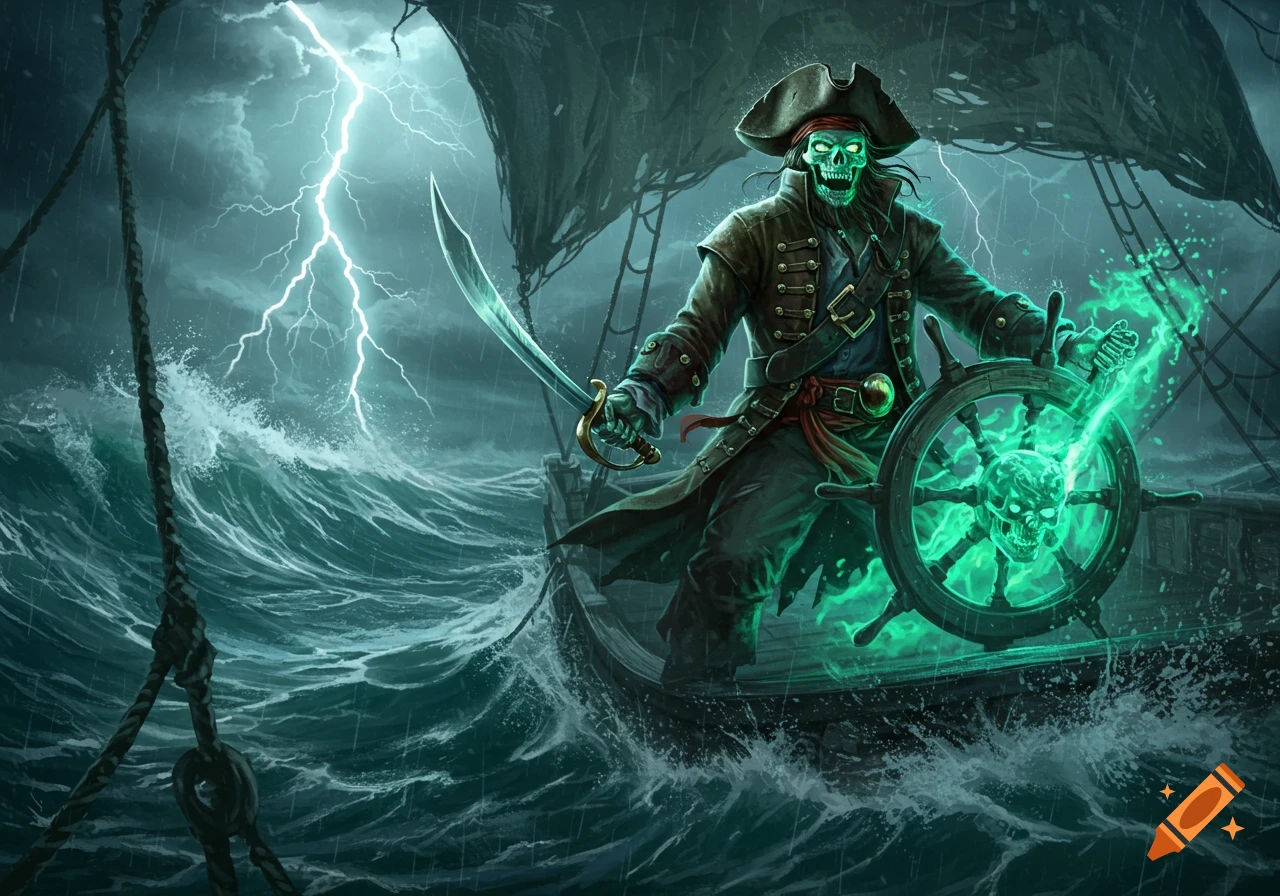 A glowing green skeleton pirate steers a ship through a stormy sea with lightning, holding a sword.