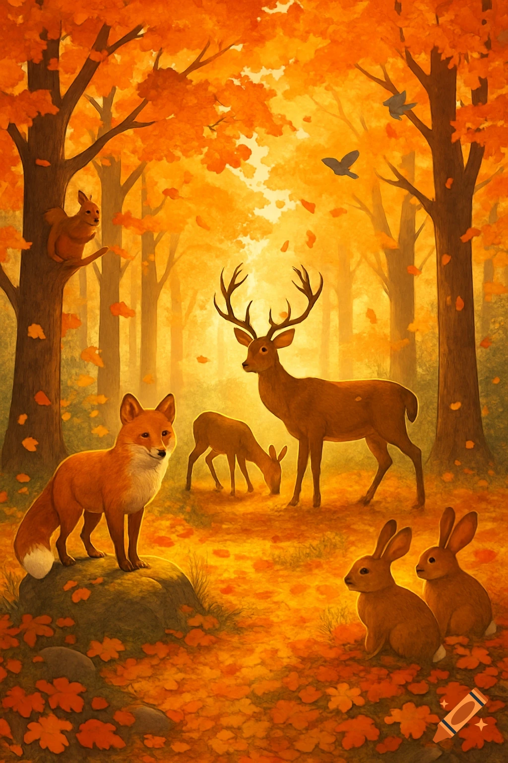 A stylized illustration of a fox, deer, fawn, squirrel, and two rabbits in a vibrant orange and yellow autumn forest.