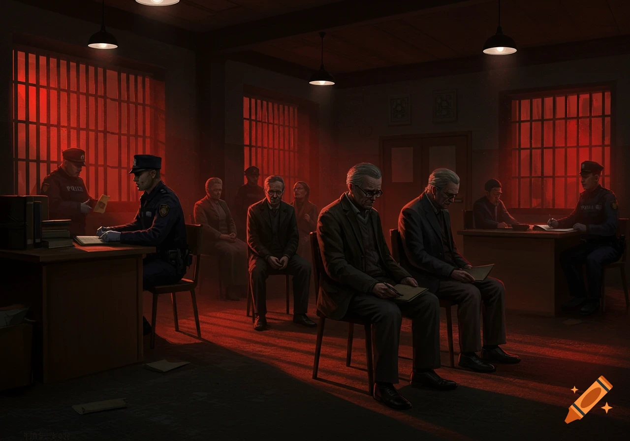 Elderly people sit in a dark, red-lit room, giving testimony to police officers at desks.