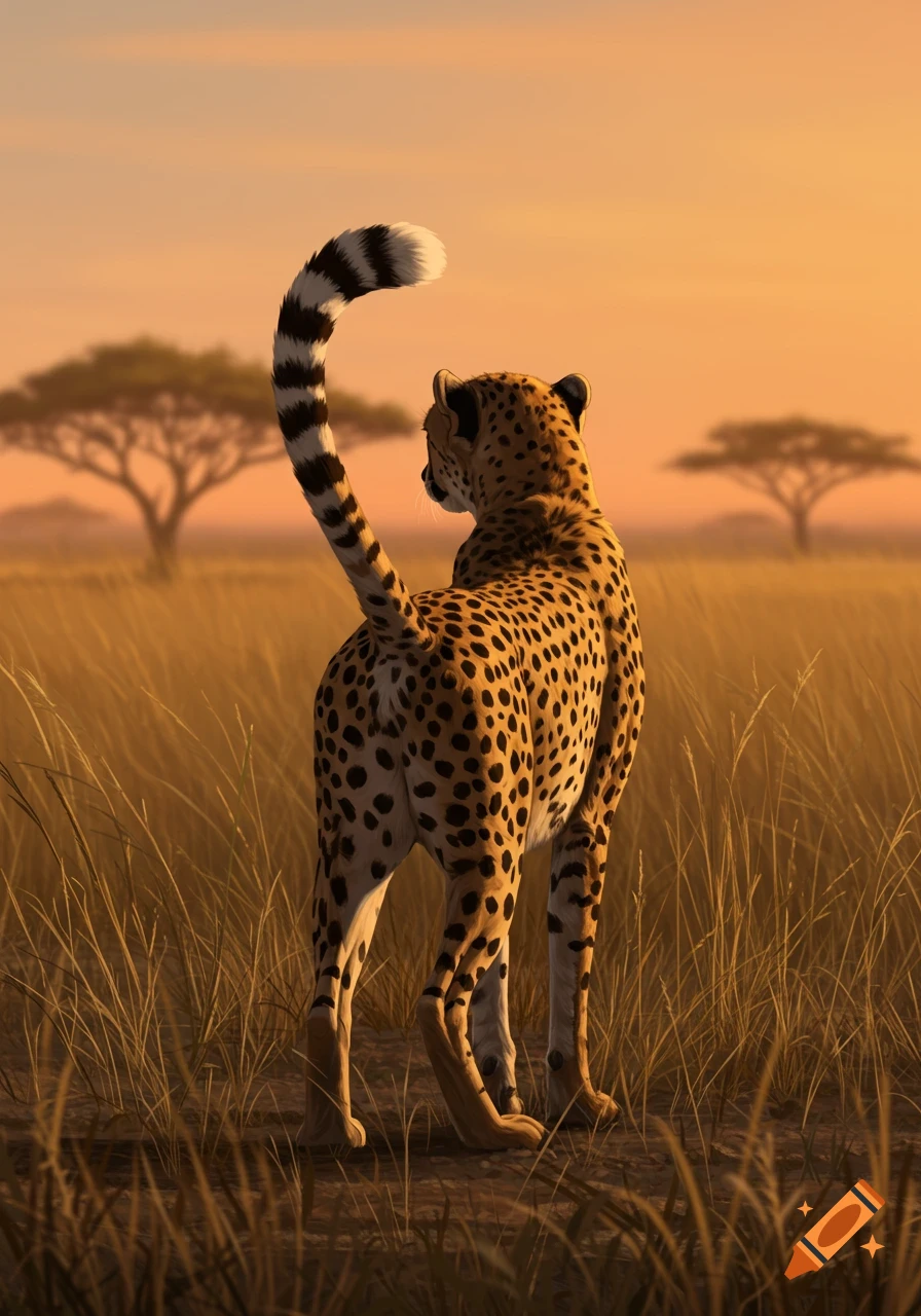 A digital painting of a cheetah, seen from behind with its tail raised, standing in golden savanna grass at sunset.