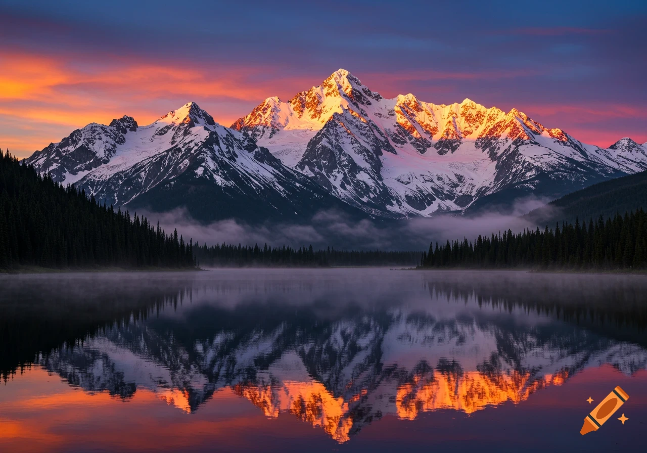 Snowy mountains reflecting in a lake at sunrise with an orange and purple sky, surrounded by dark evergreen trees.