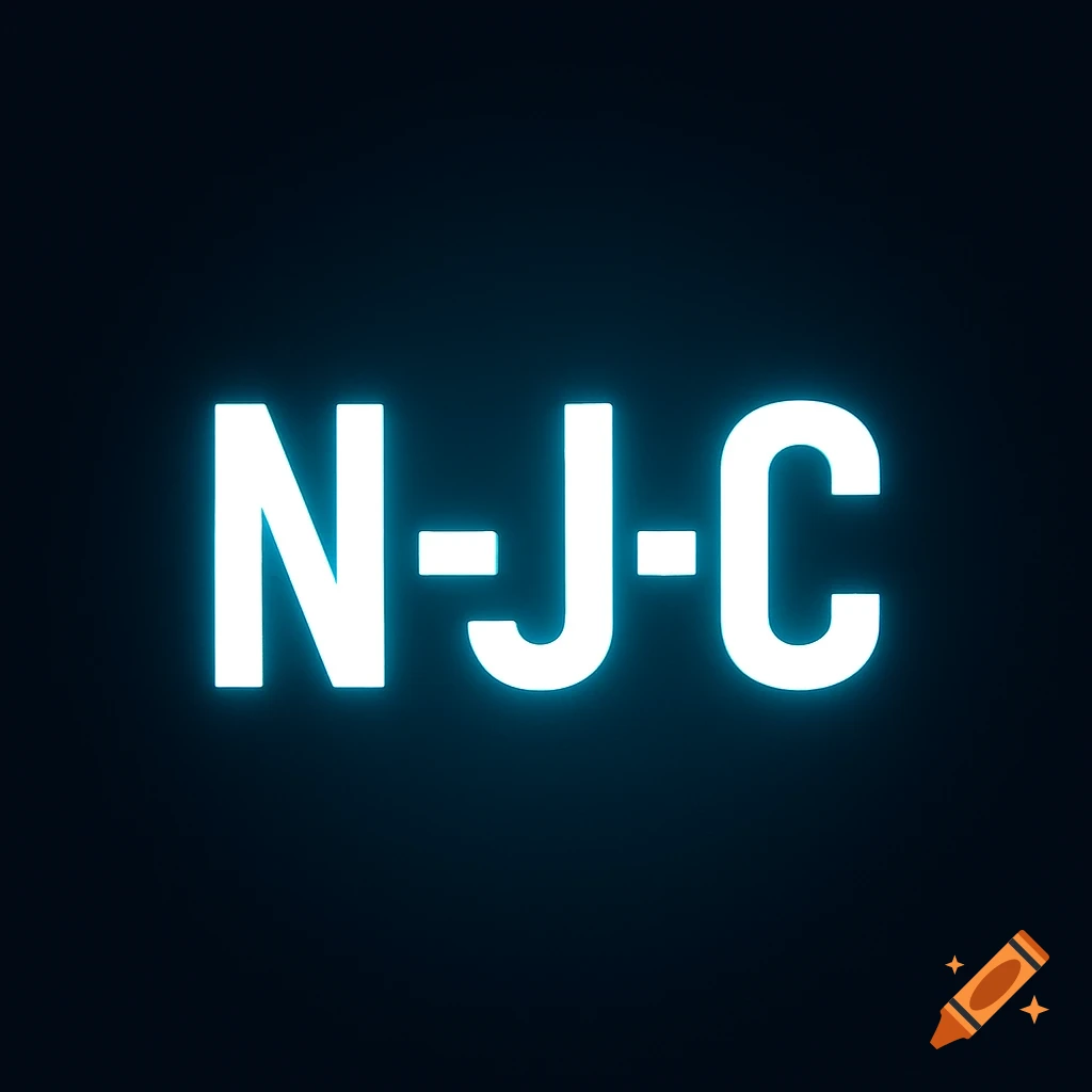 White letters N-J-C with a soft cyan glow on a dark navy background.