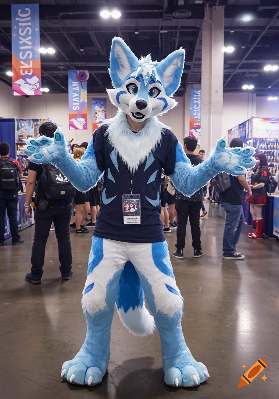 A person in a blue and white Krystal fox fursuit stands at an indoor convention, hands outstretched.