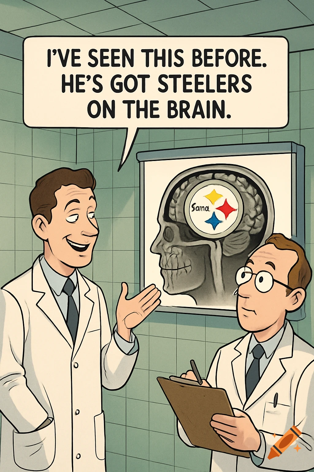 A smiling doctor in a lab coat gestures to an MRI scan on a lightbox, while another doctor takes notes. The MRI shows a brain with a Pittsburgh Steelers logo inside. A speech bubble above reads, "I've seen this before. He's got Steelers on the brain."