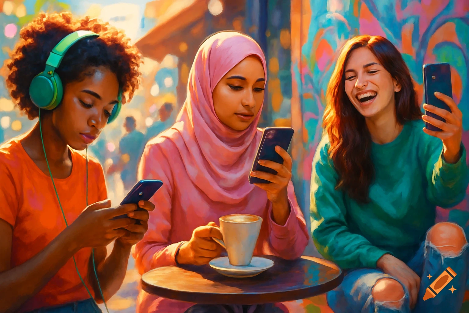Three diverse young women in a cafe setting, painted in a vibrant style, using smartphones; one with headphones, one drinking coffee, and one laughing.