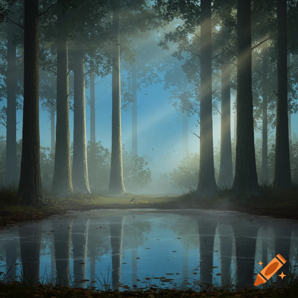 Sunlight filtering through a misty forest with tall trees reflecting in a still pond.