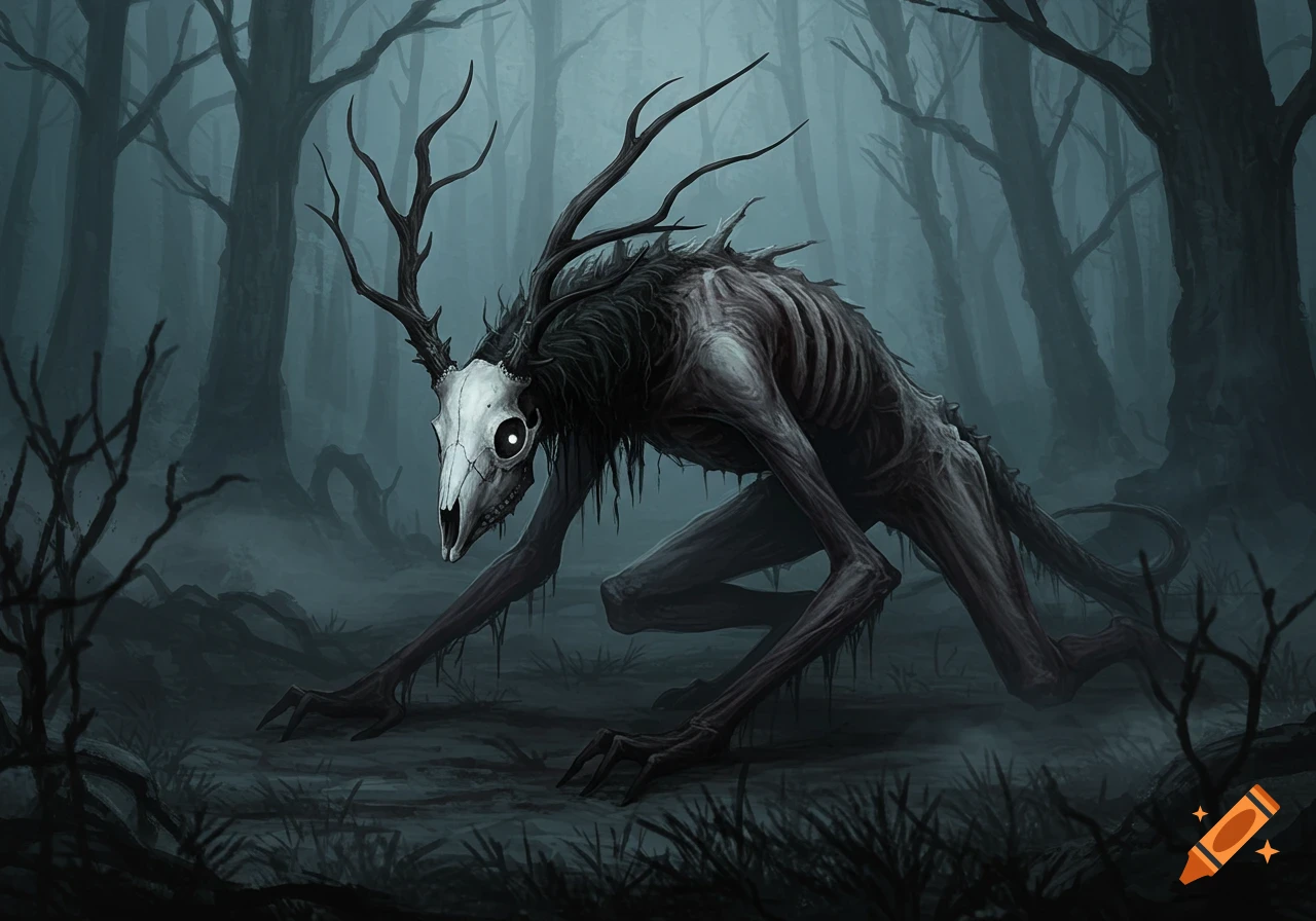 A skeletal, antlered wendigo creature with glowing eyes crawls on all fours in a dark, foggy forest, looking menacing. Digital art.