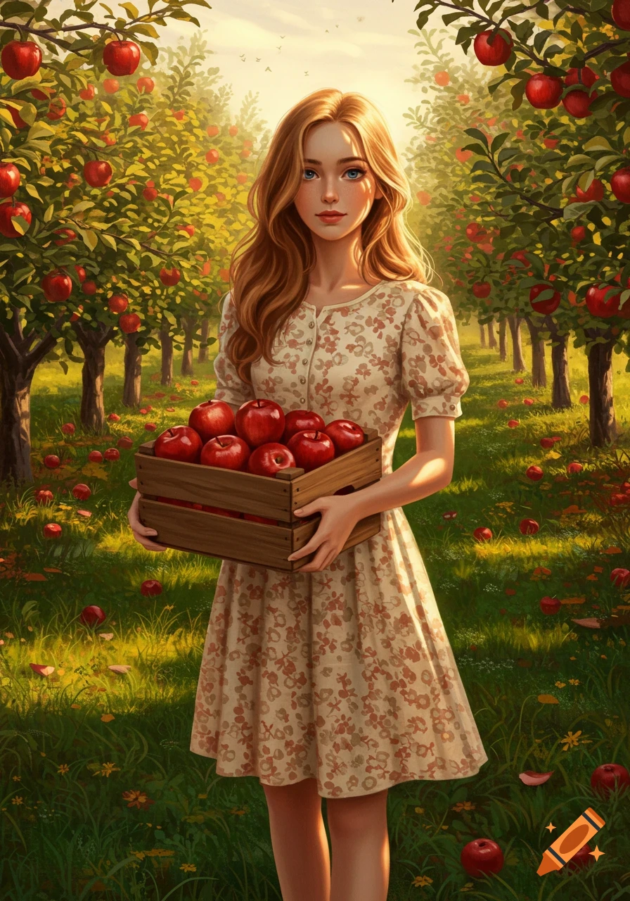 A young woman with long red hair in a floral dress holds a box of red apples in a sunny orchard, illustrative style.