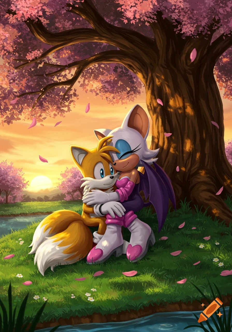 Tails Prower and Rouge the Bat snuggling under a cherry blossom tree at sunset, illustrated.