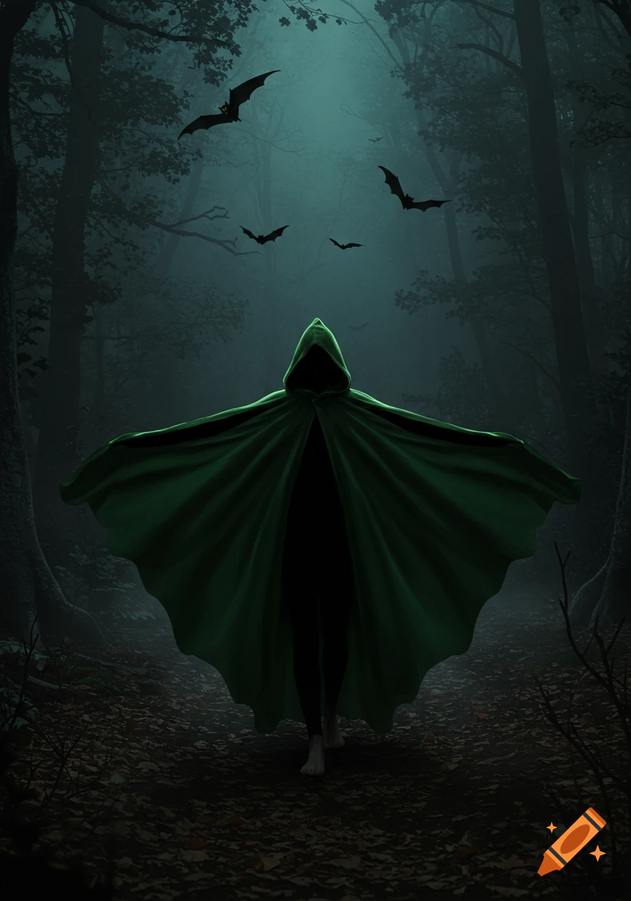 A hooded figure in a flowing green cape stands barefoot in a dark, misty forest with bats flying overhead.