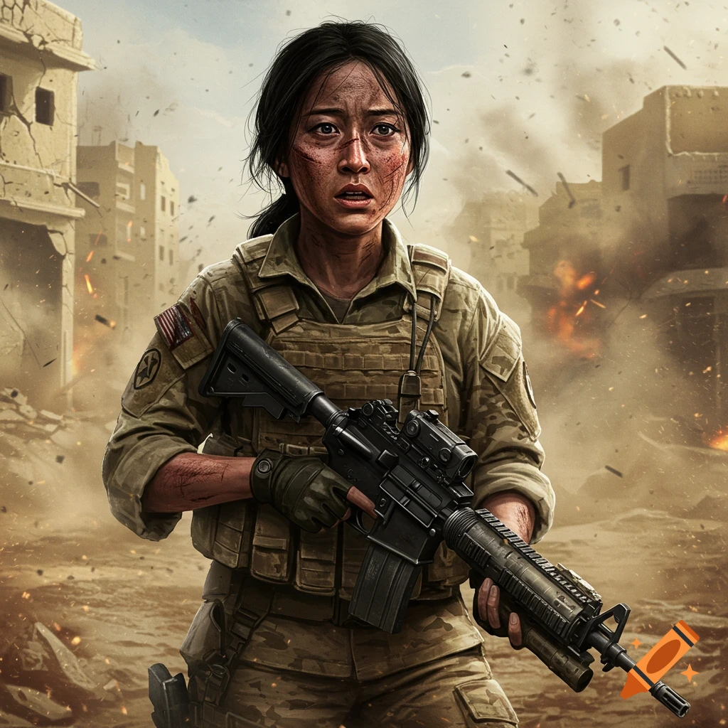 Photorealistic portrait of a bruised Asian-American female soldier with a rifle, looking fearful in a destroyed urban combat zone.