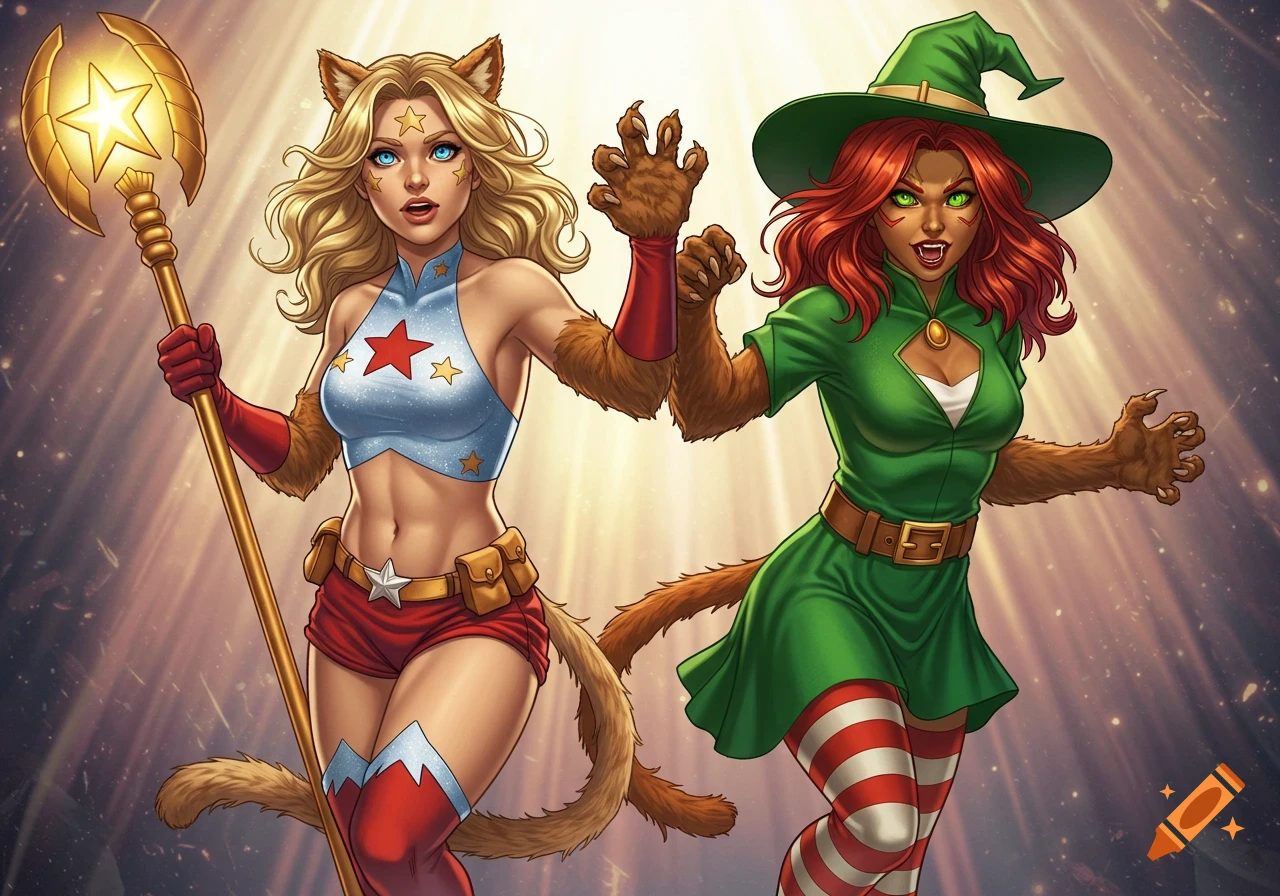 Digital art of Stargirl and Cyclone as werecats, blonde in star crop top with staff, redhead in green witch hat, fangs and claws.