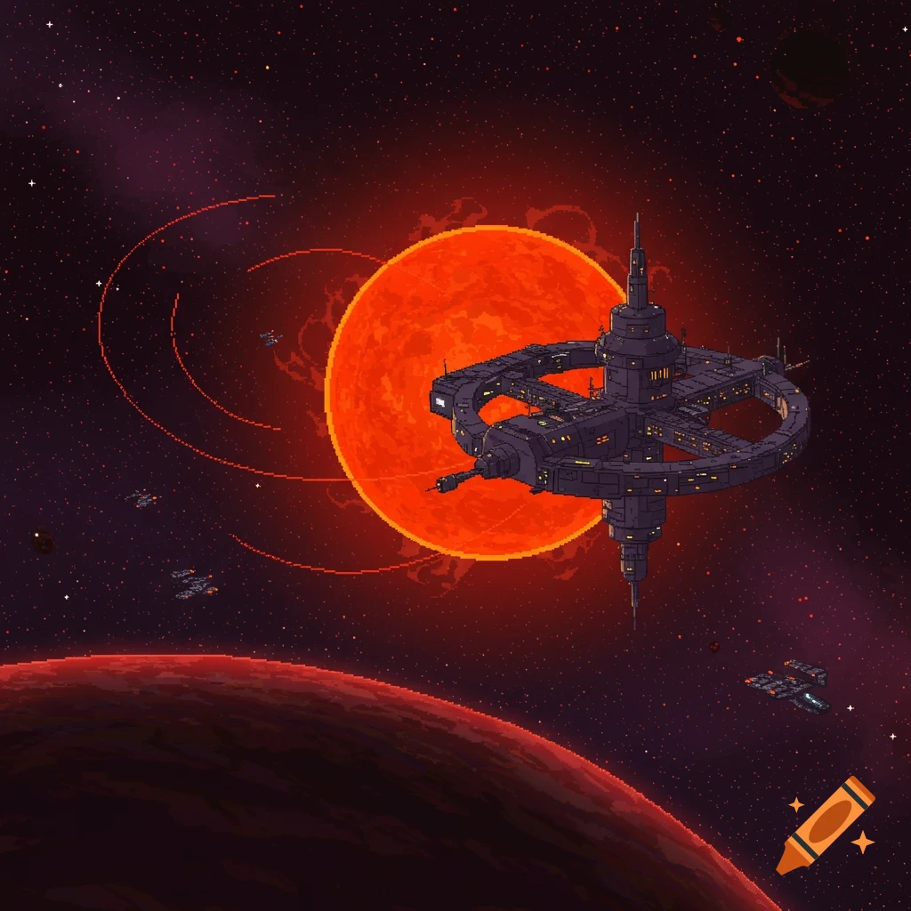 Pixel art of a detailed space station orbiting a vibrant red sun, with a planet in the foreground and smaller spacecraft scattered across the dark, star-filled cosmos.
