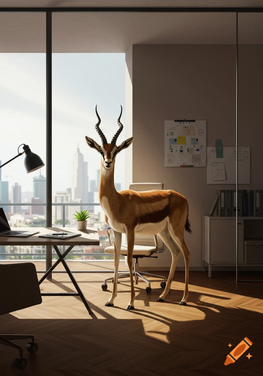 A photorealistic gazelle stands in a modern office with a cityscape visible through a large window. A desk, laptop, and office chair are nearby.
