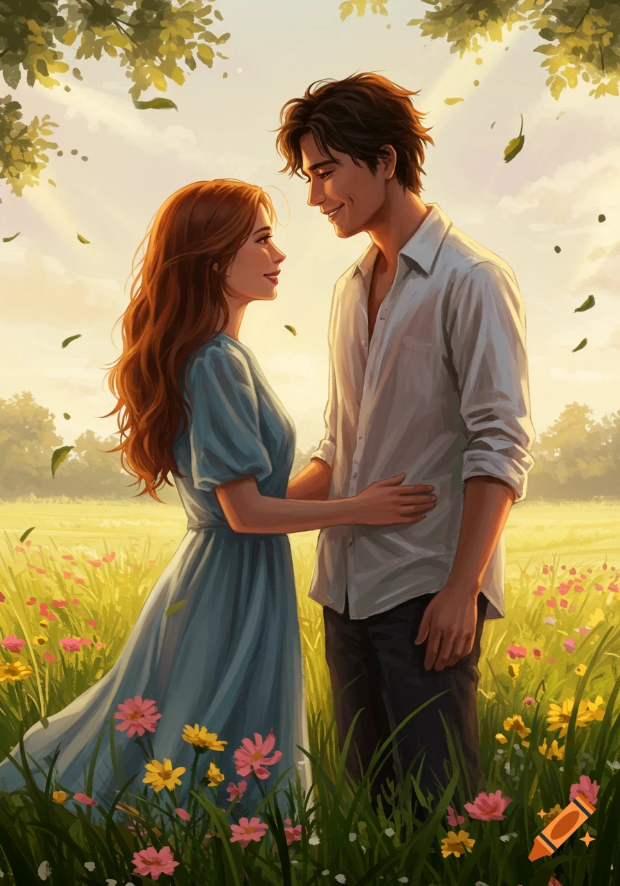 An illustration of a man and woman in a sunlit field of wildflowers, looking warmly at each other.