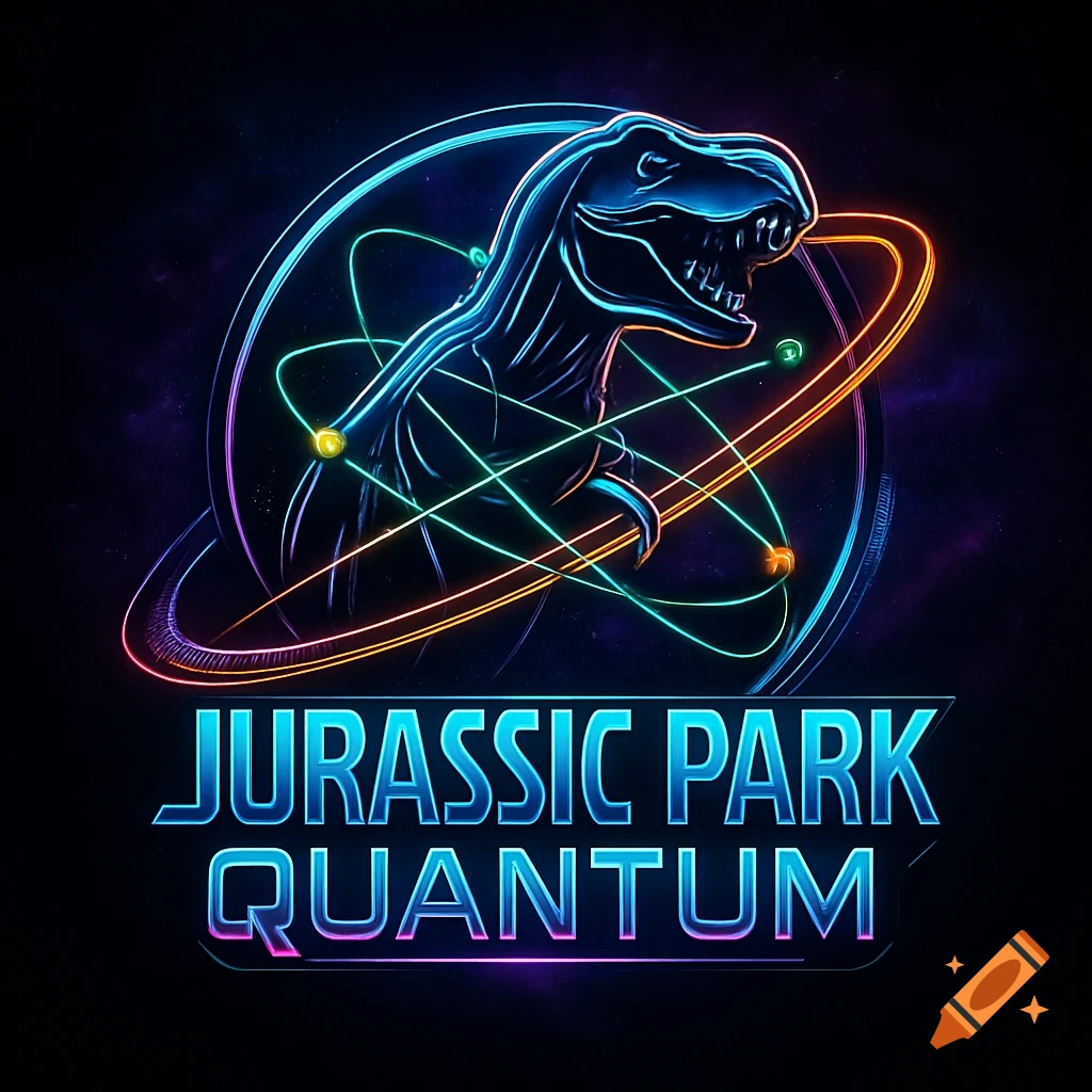 A neon-style logo for 'Jurassic Park Quantum' featuring a stylized T-Rex head surrounded by glowing atomic orbits and vibrant blue and purple text.