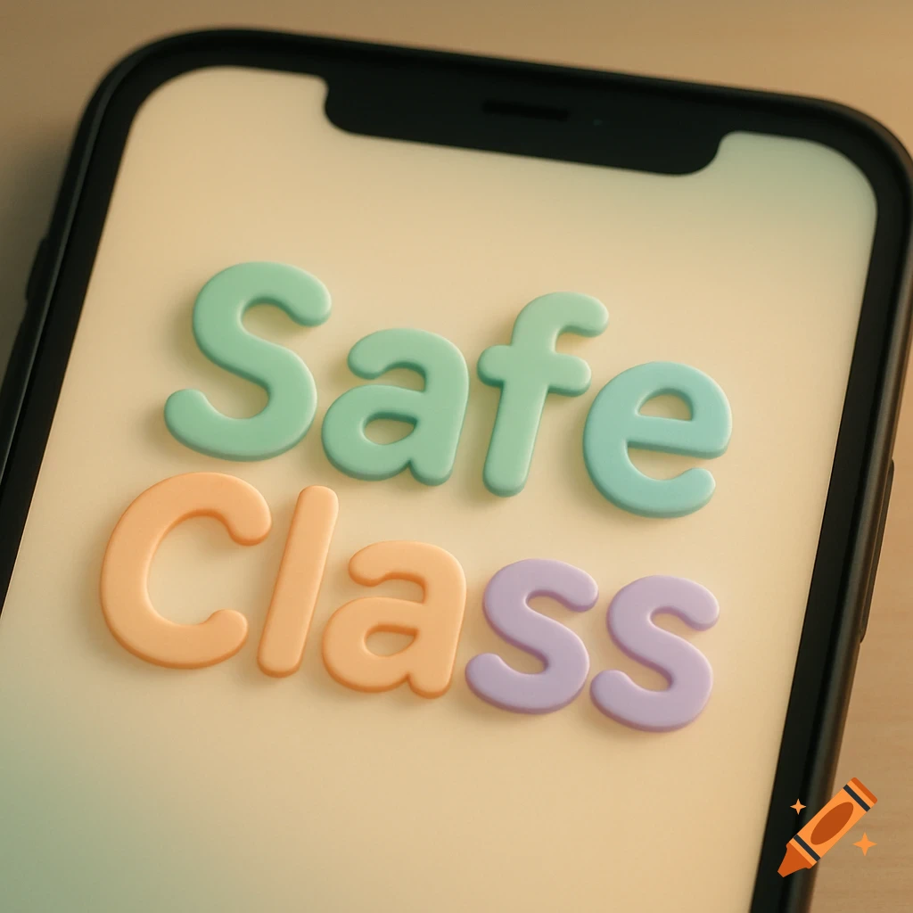 A close-up of a phone screen displaying the words "Safe Class" in mint green, peach, and lavender 3D bubble letters.