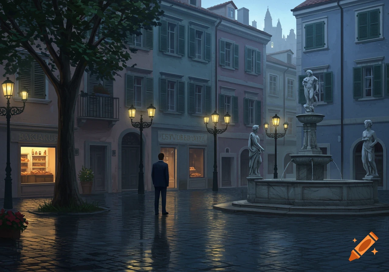 Digital painting of a man in a suit in a wet city square at dusk, with illuminated buildings, streetlights, and a statue fountain.