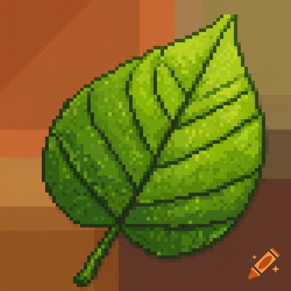 A vibrant green leaf rendered in pixel art style on a multi-toned pixelated brown and orange background.