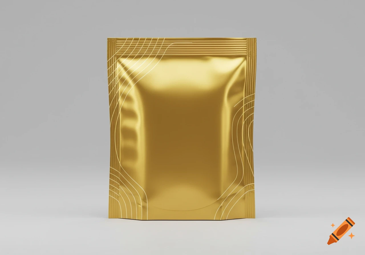 A minimalist golden tea pouch with white abstract wavy lines on a light gray background, front view.