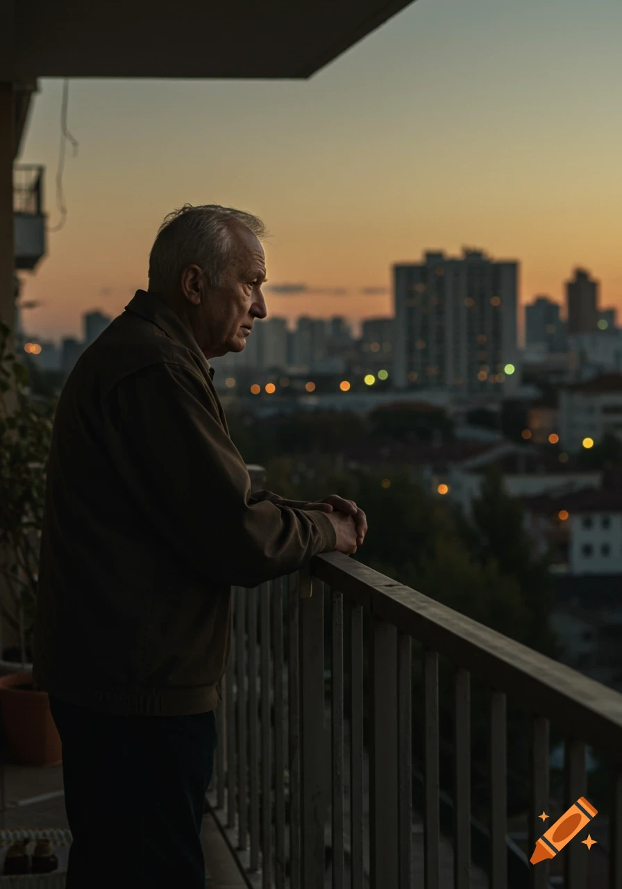 An old man stands on an apartment balcony, looking out at the city skyline as the warm, dusty light of sunset fills the sky.