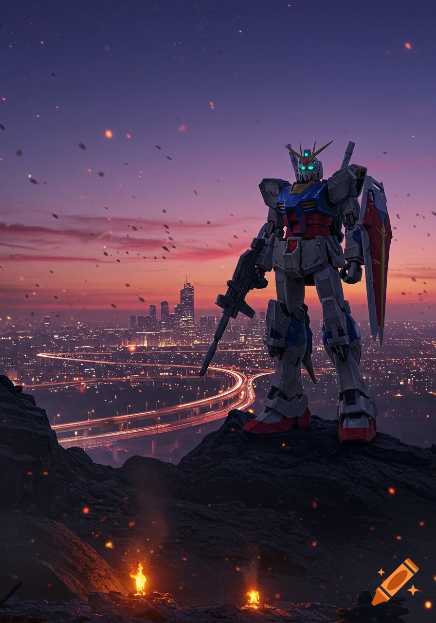 A giant Gundam robot stands atop a rocky cliff overlooking a sprawling city with highway light trails during a dramatic sunset, with embers in the foreground.
