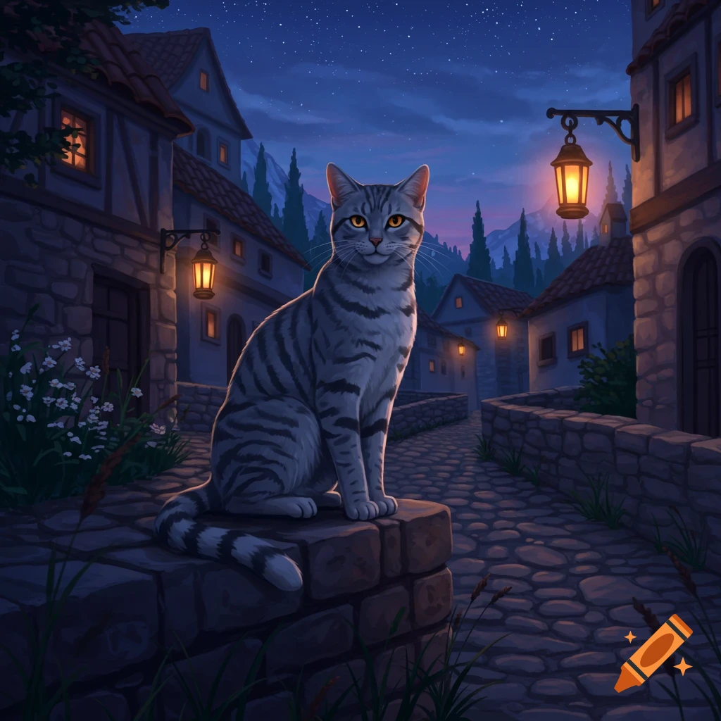A gray tabby cat sits on a stone wall in a quaint village street at night, lit by lanterns under a starry sky, illustrative style.