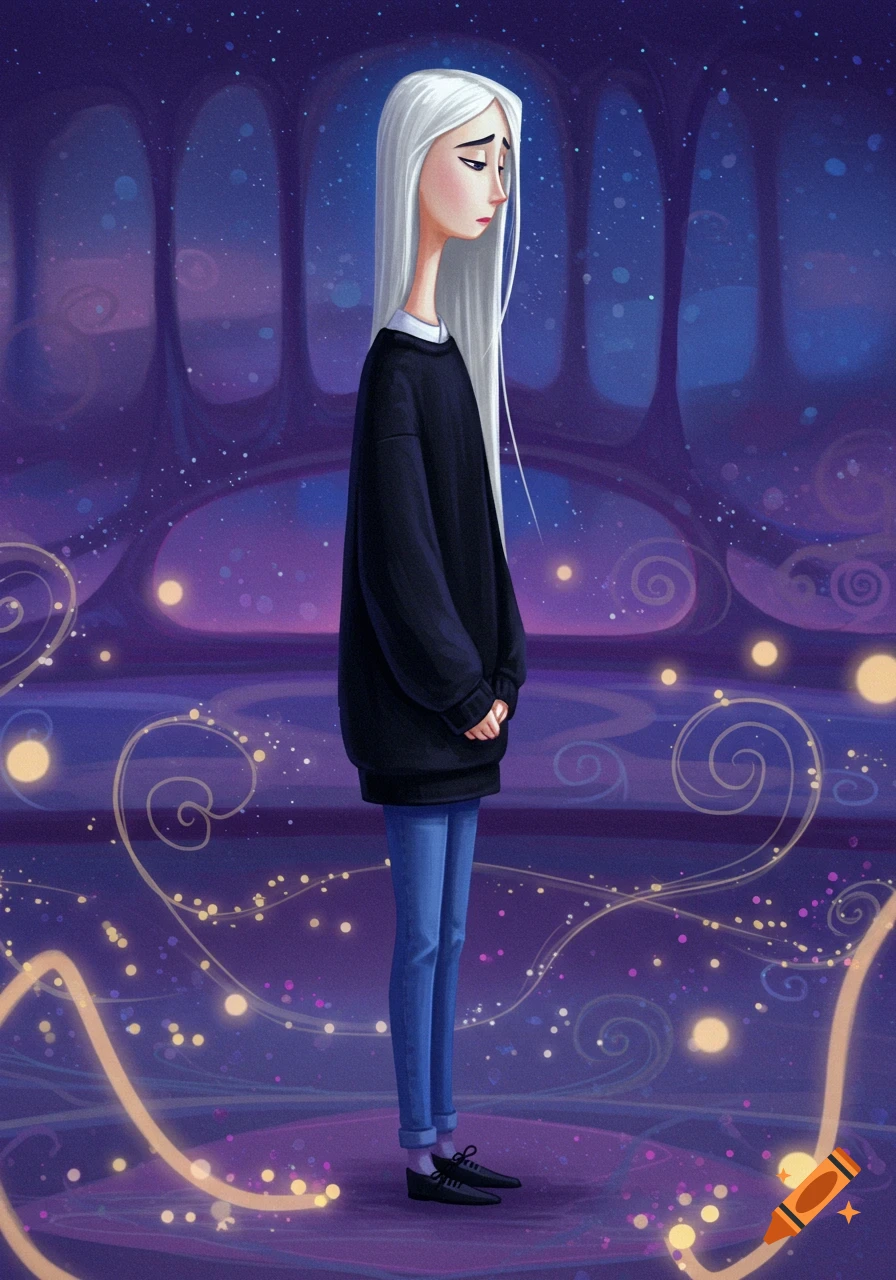 An illustration of a tall, thin character with long white hair, wearing an oversized black sweater and blue jeans, standing sadly in a whimsical purple and blue glowing landscape.