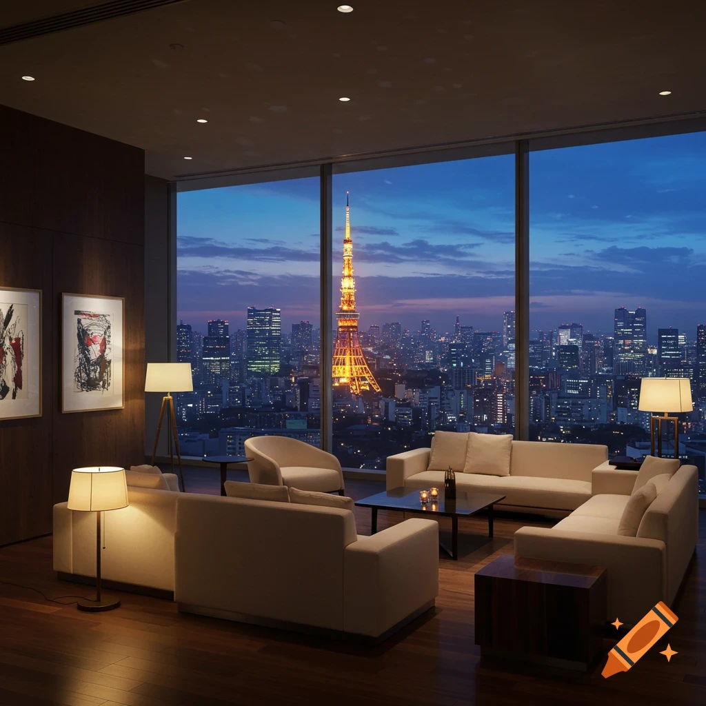 Luxurious modern hospitality room with large windows overlooking the illuminated Tokyo Tower and city skyline at dusk, photorealistic.
