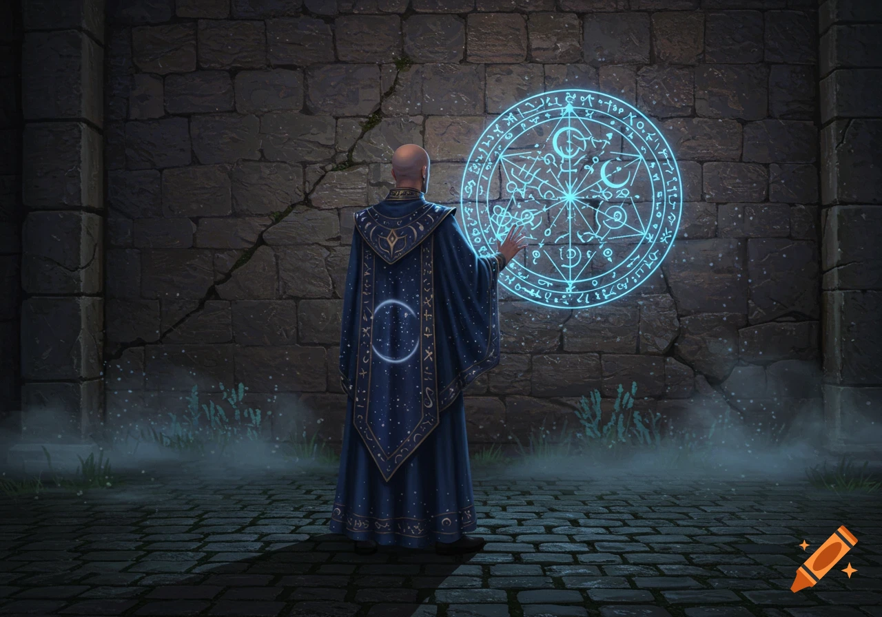 A bald wizard in a blue robe stands before a stone wall, touching a glowing blue magical sigil.