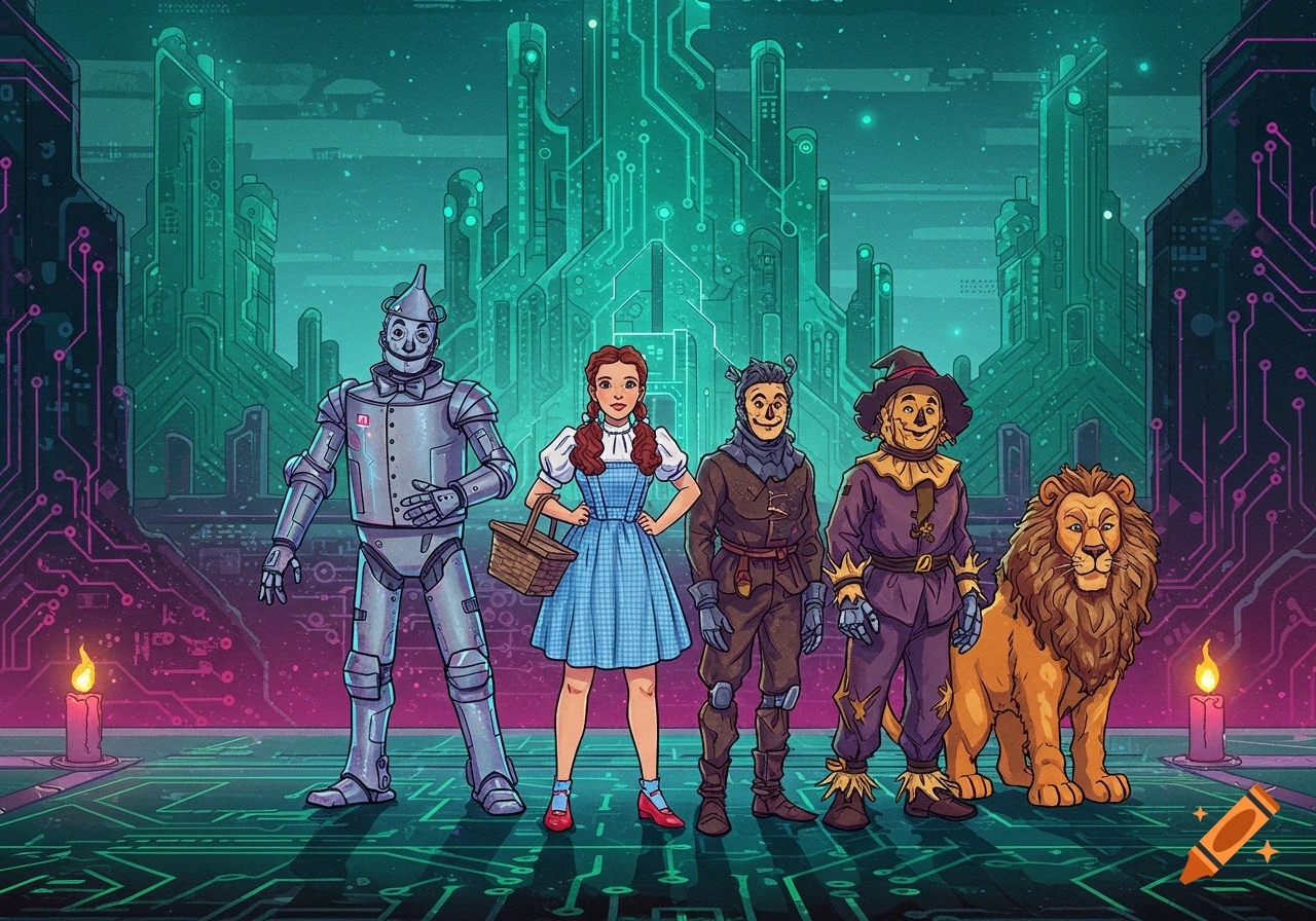 The Wizard of Oz characters, including Dorothy, Tin Man, two Scarecrows, and Lion, in a vibrant cyberpunk city illustration.