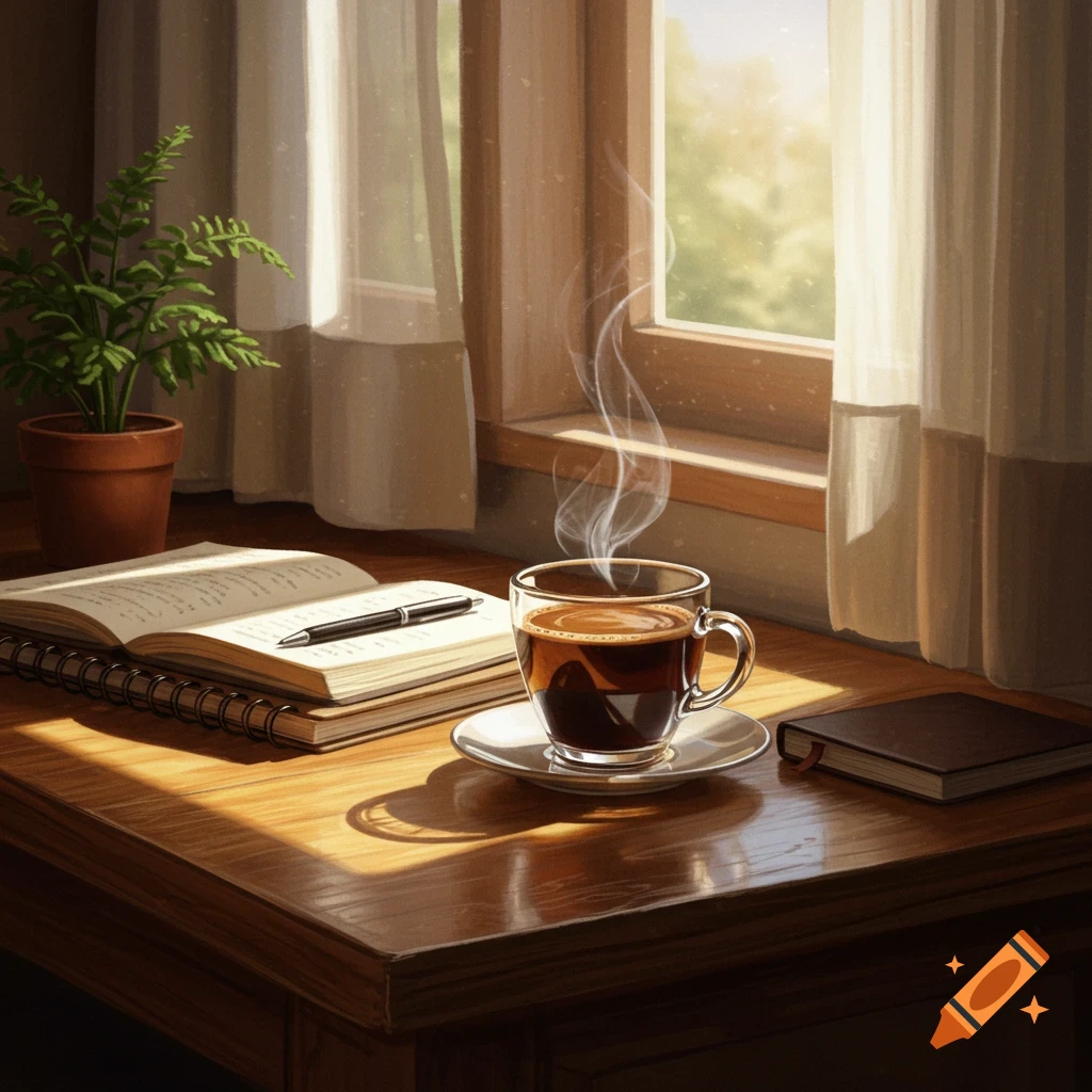 A steaming cup of coffee next to an open notebook and pen on a sunlit wooden table near a window with sheer curtains and a potted fern.
