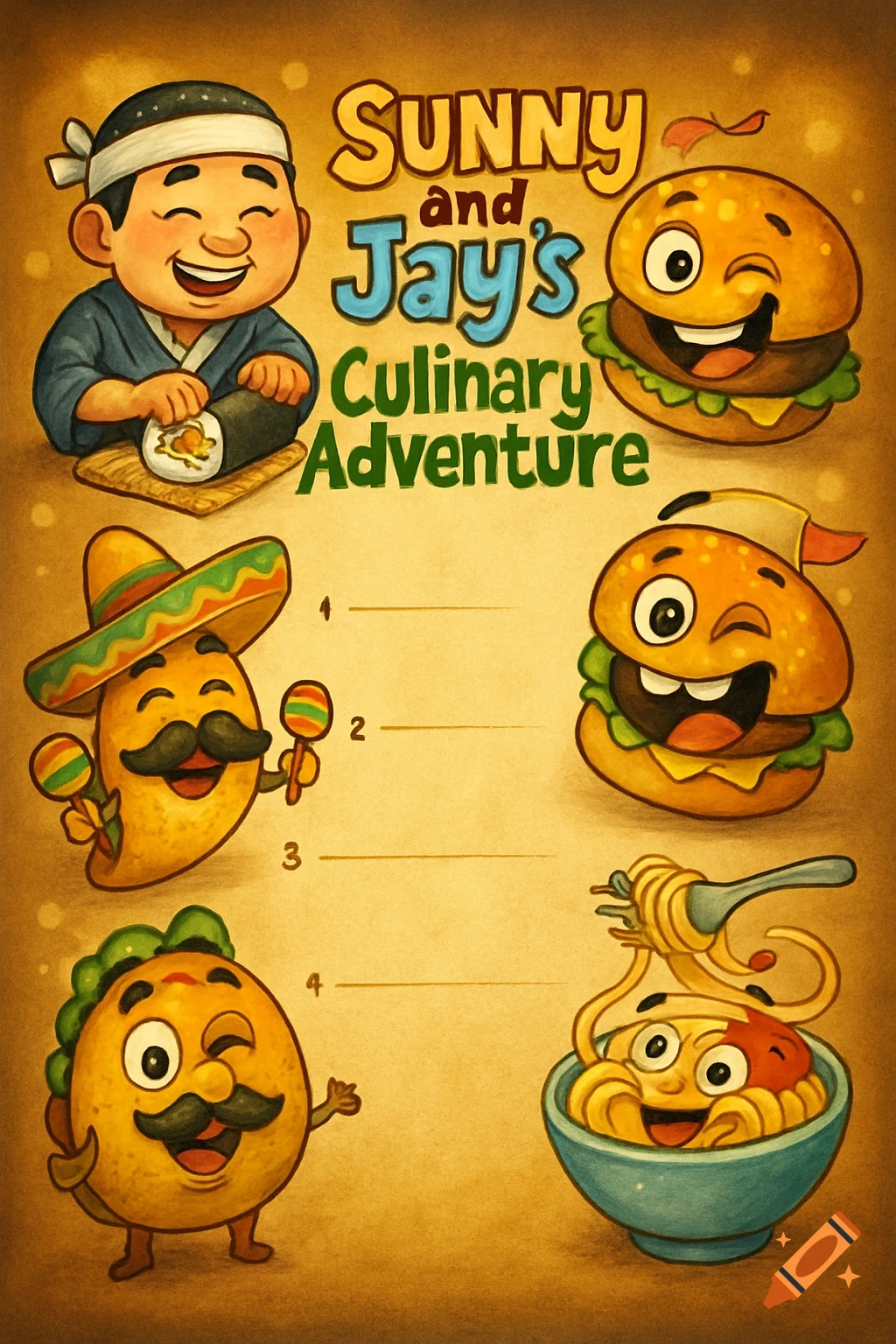 Cartoon poster with the title "Sunny and Jay's Culinary Adventure" featuring a Japanese chef, winking burgers, a mariachi taco, another winking taco, and spaghetti in a bowl.