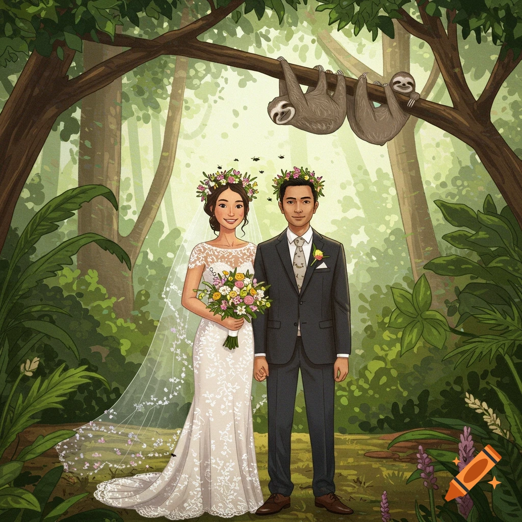 A cartoon wedding couple stands in a lush jungle with sloths hanging from a branch and ants around their flower crowns.