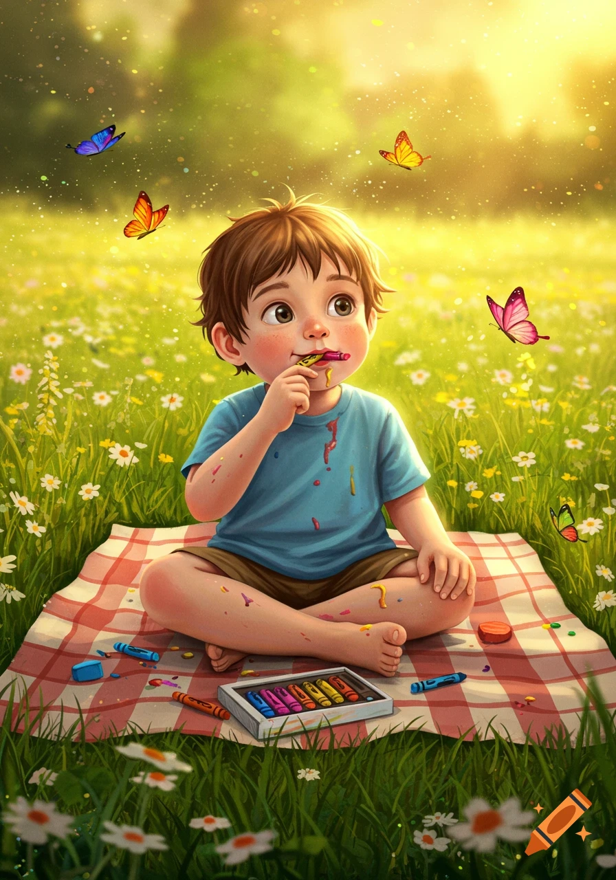 A cute cartoon child sits on a picnic blanket in a sunny meadow, eating a crayon while butterflies fly around.